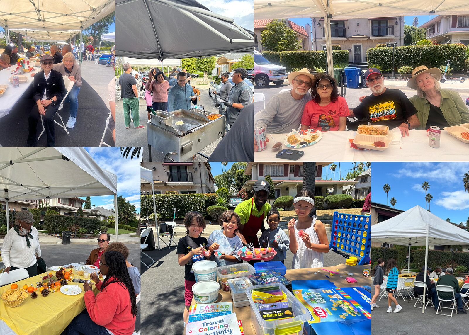 A collage of neighbors sharing burgers and games under canopies at the Wellington Square burger bash general body meeting
